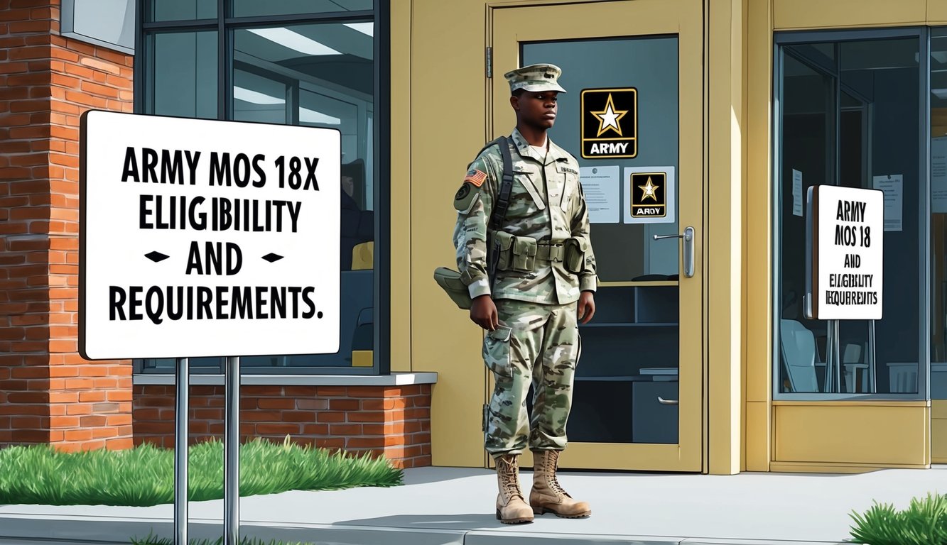 A soldier in uniform standing in front of a recruitment office with a sign displaying "Army MOS 18X Eligibility and Requirements."