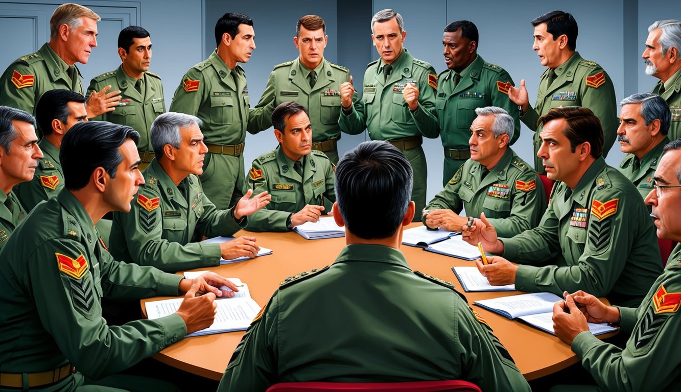 A group of military personnel in Spain engaging in heated discussions and debates, with conflicting opinions and tensions evident in their body language and expressions