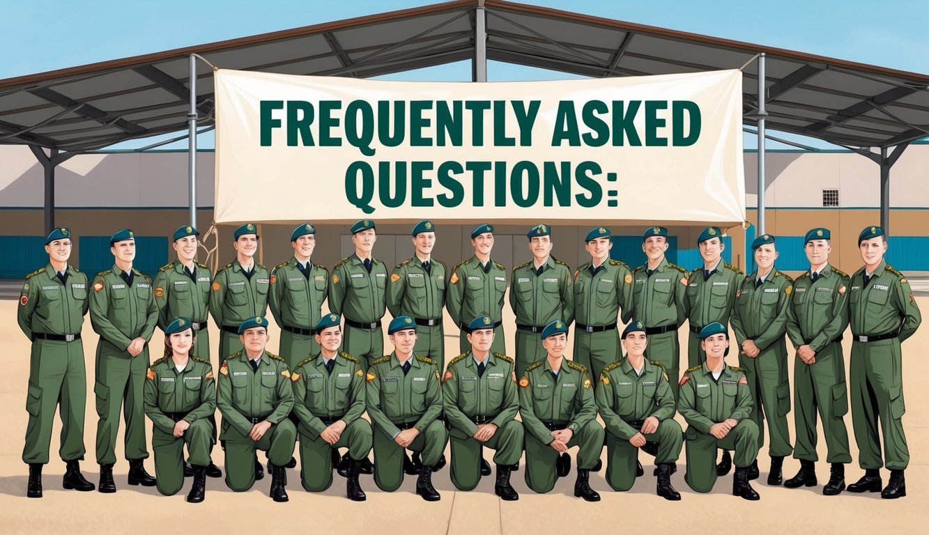 A group of soldiers in uniform standing in front of a banner with the words "Frequently Asked Questions" in a military base in Spain