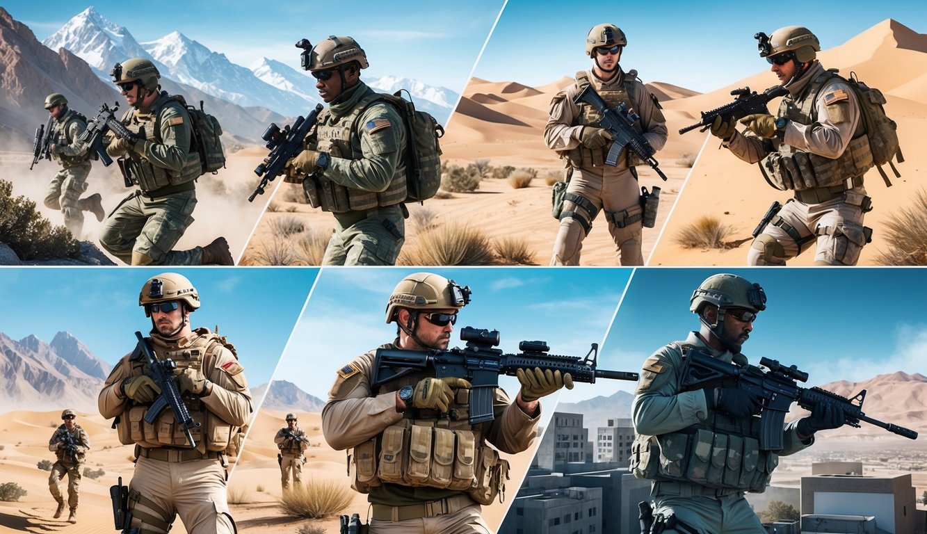 A group of Special Forces soldiers training in various environments, such as mountains, desert, and urban settings, with weapons and tactical gear