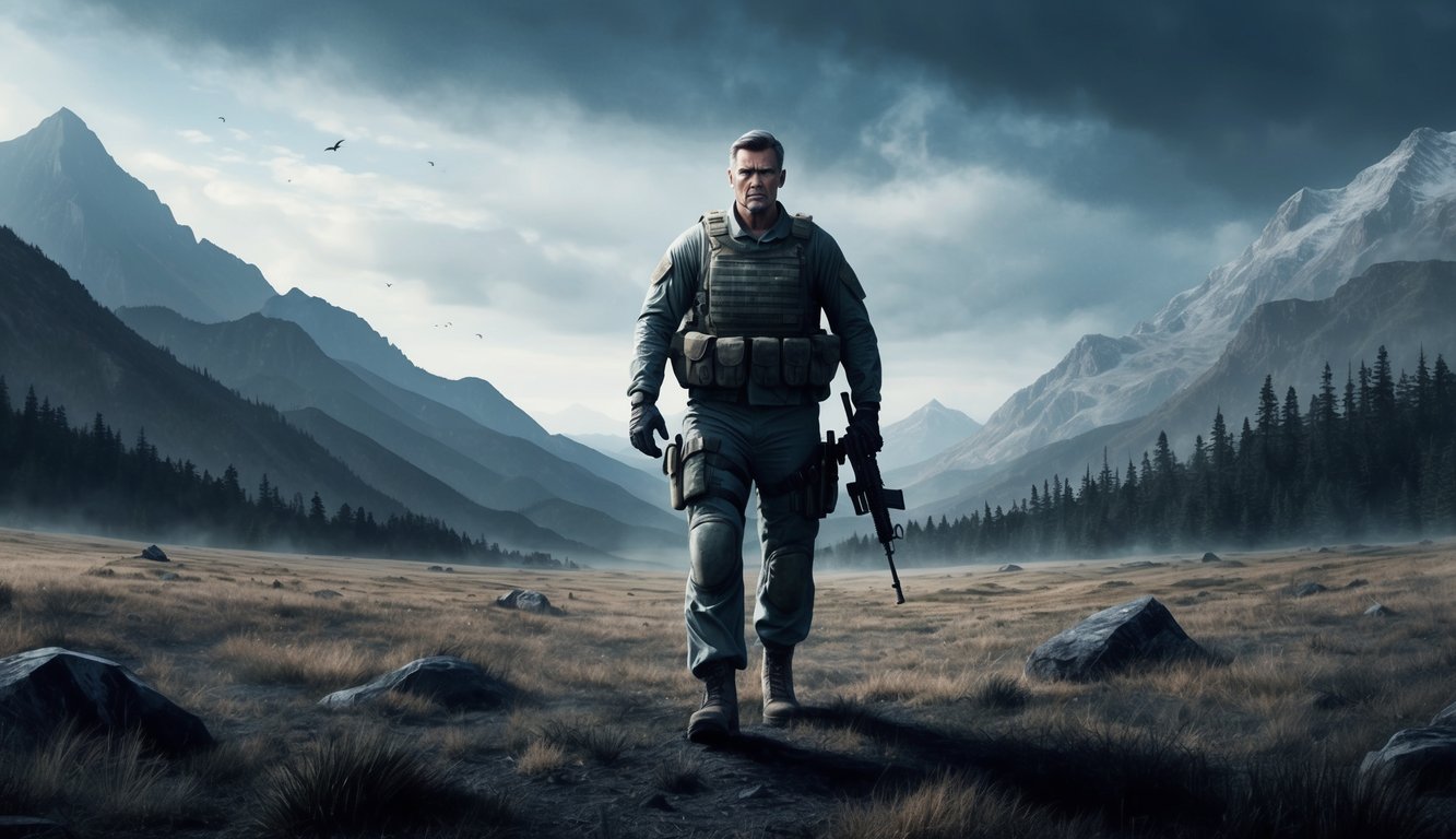 A lone figure stands in a vast, rugged landscape, surrounded by mountains and dense forest. The figure is equipped with military gear and a determined expression