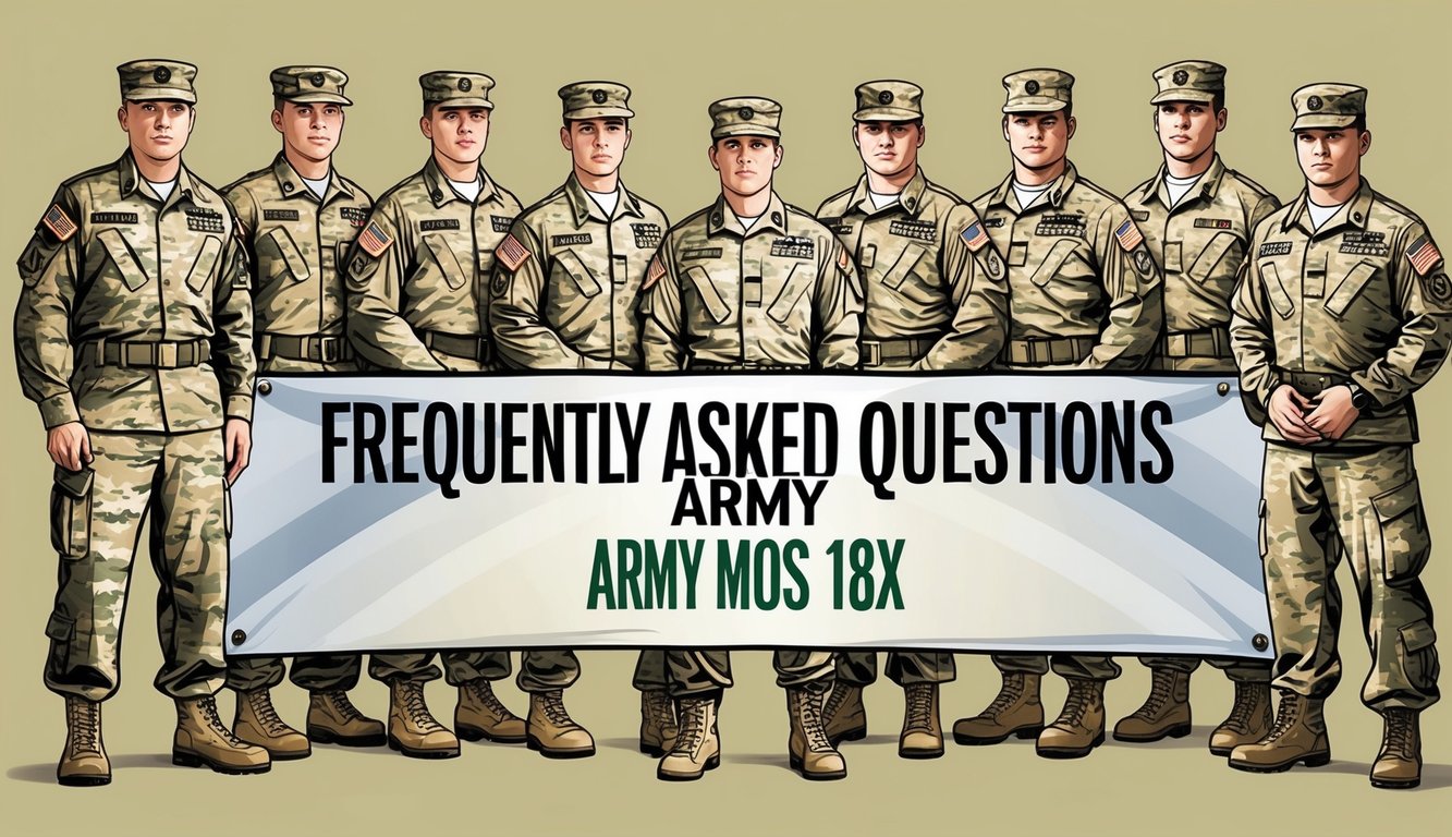 A group of soldiers in uniform standing in front of a banner with the words "Frequently Asked Questions Army MOS 18X" displayed prominently