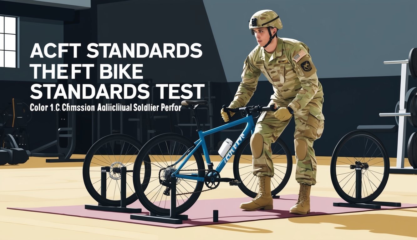 A soldier performing the ACFT bike standards test in a gym setting