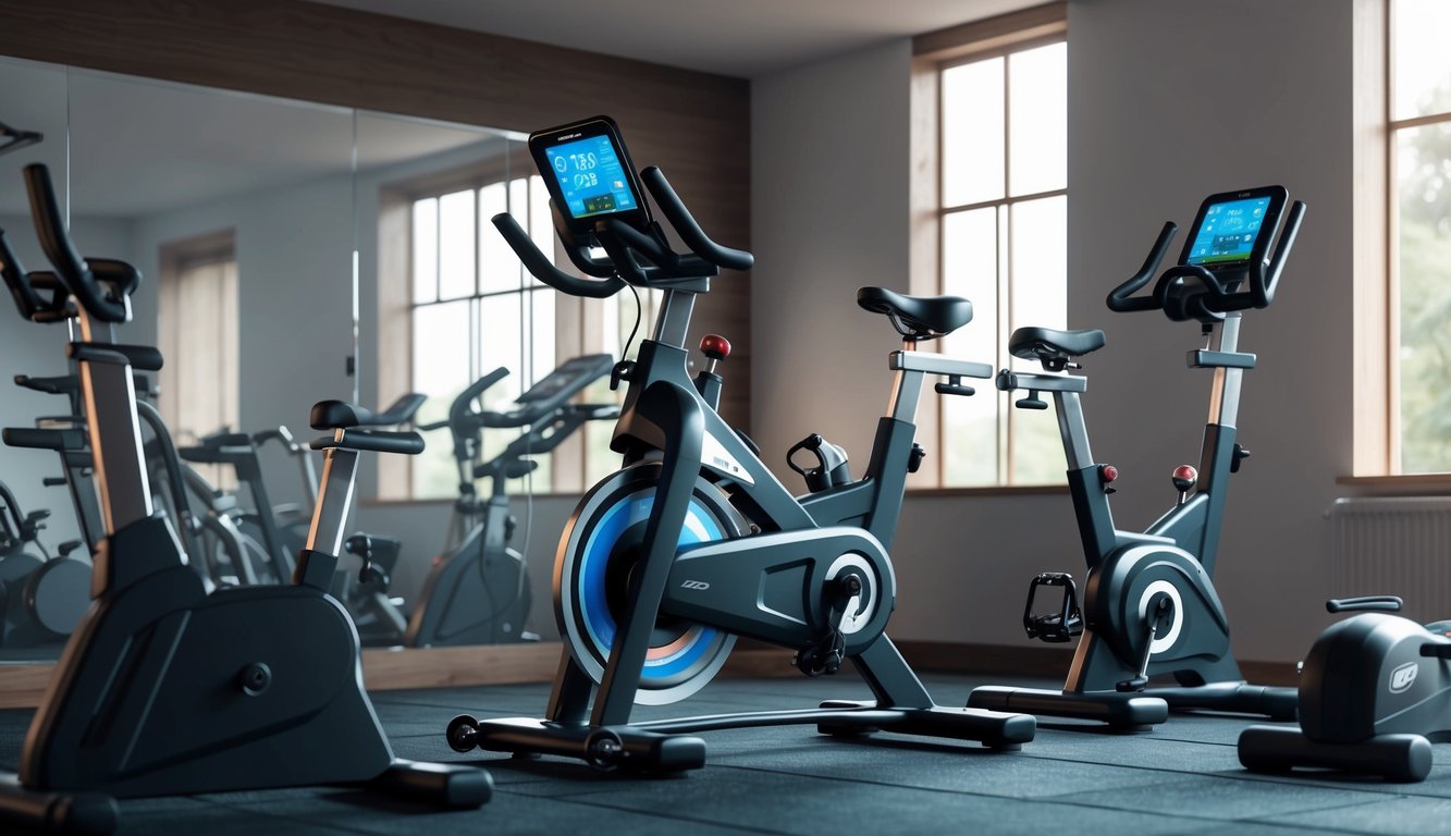 A stationary bike with digital display, surrounded by workout equipment in a gym setting