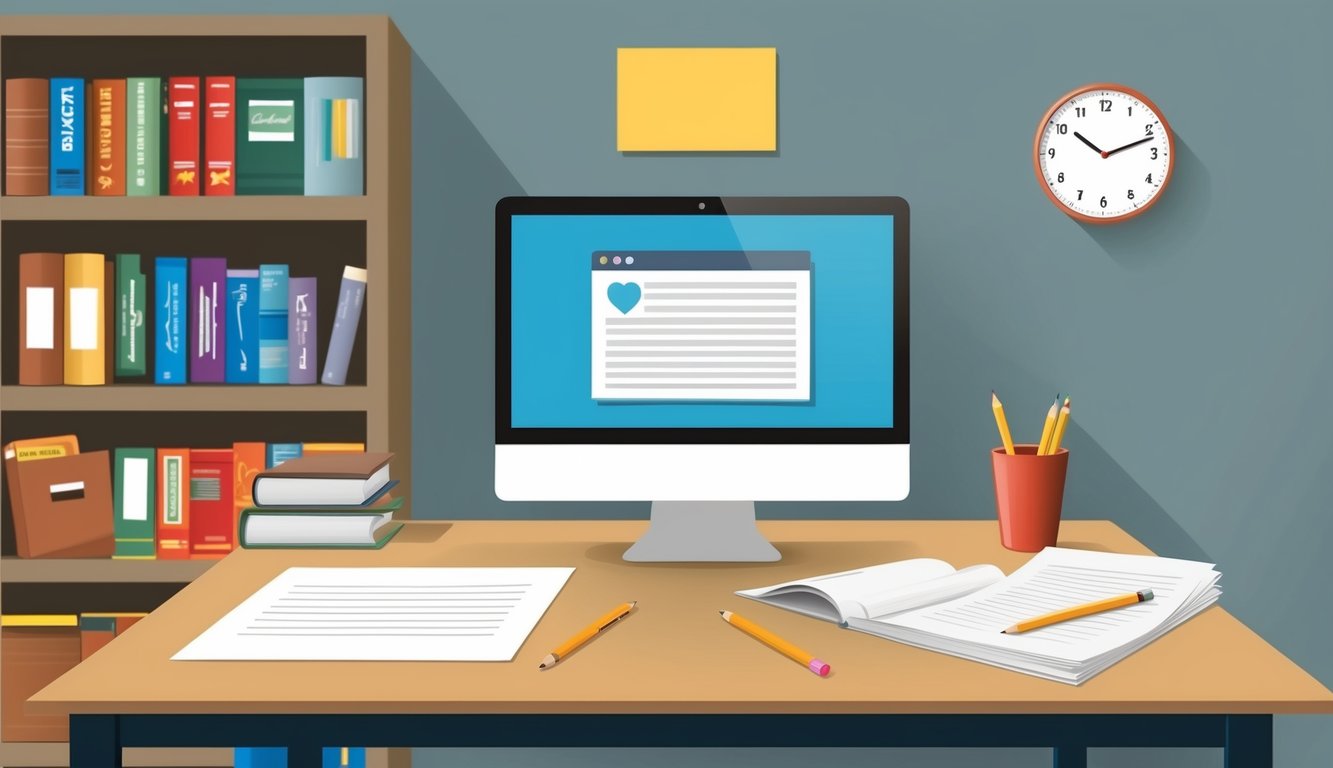 A desk with a computer, a pencil, and paper.</p><p>A bookshelf with study guides.</p><p>A clock on the wall