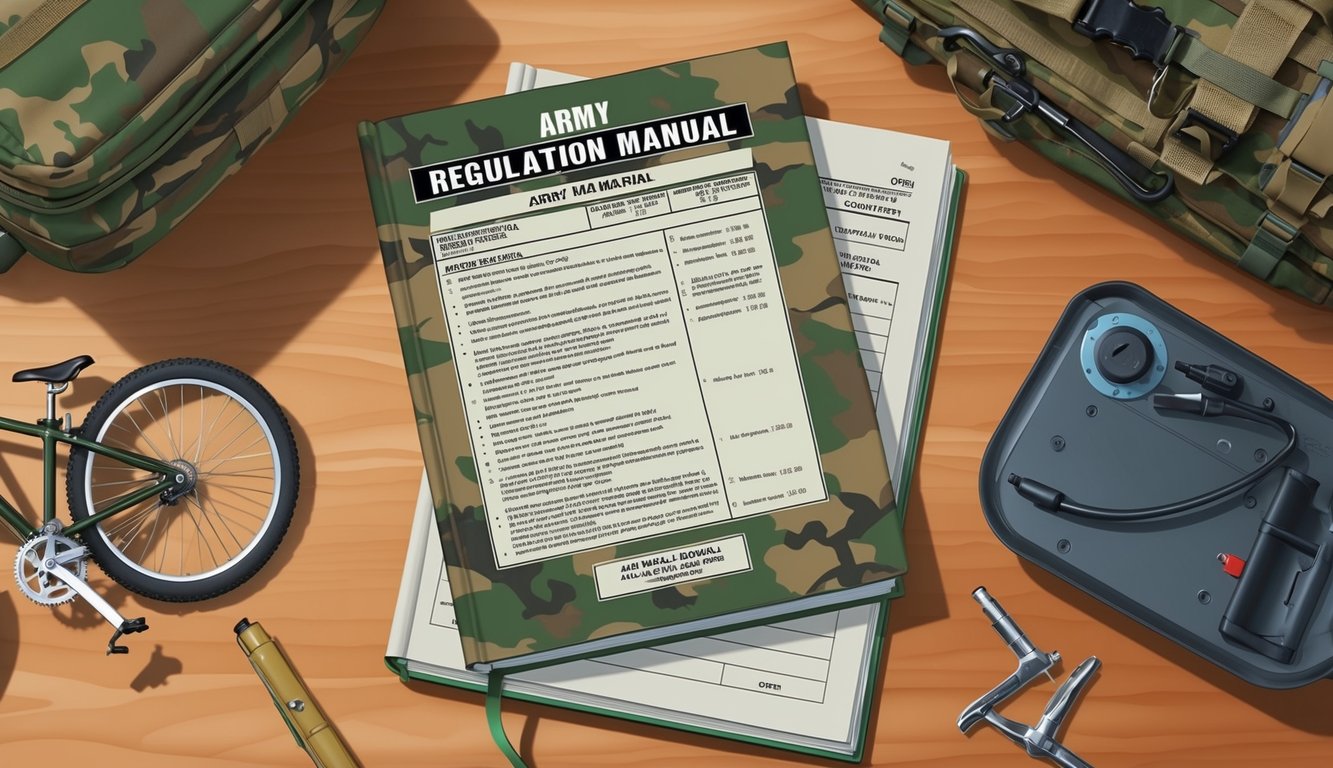 An army regulation manual open on a desk, with a bicycle and ACFT equipment nearby