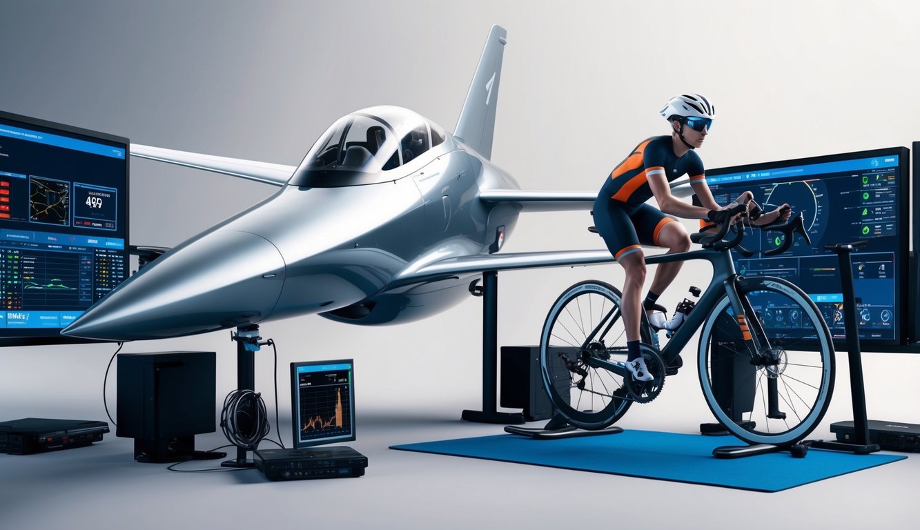 A sleek, modern aircraft and a high-tech stationary bike side by side, surrounded by data screens and equipment for performance monitoring and enhancement