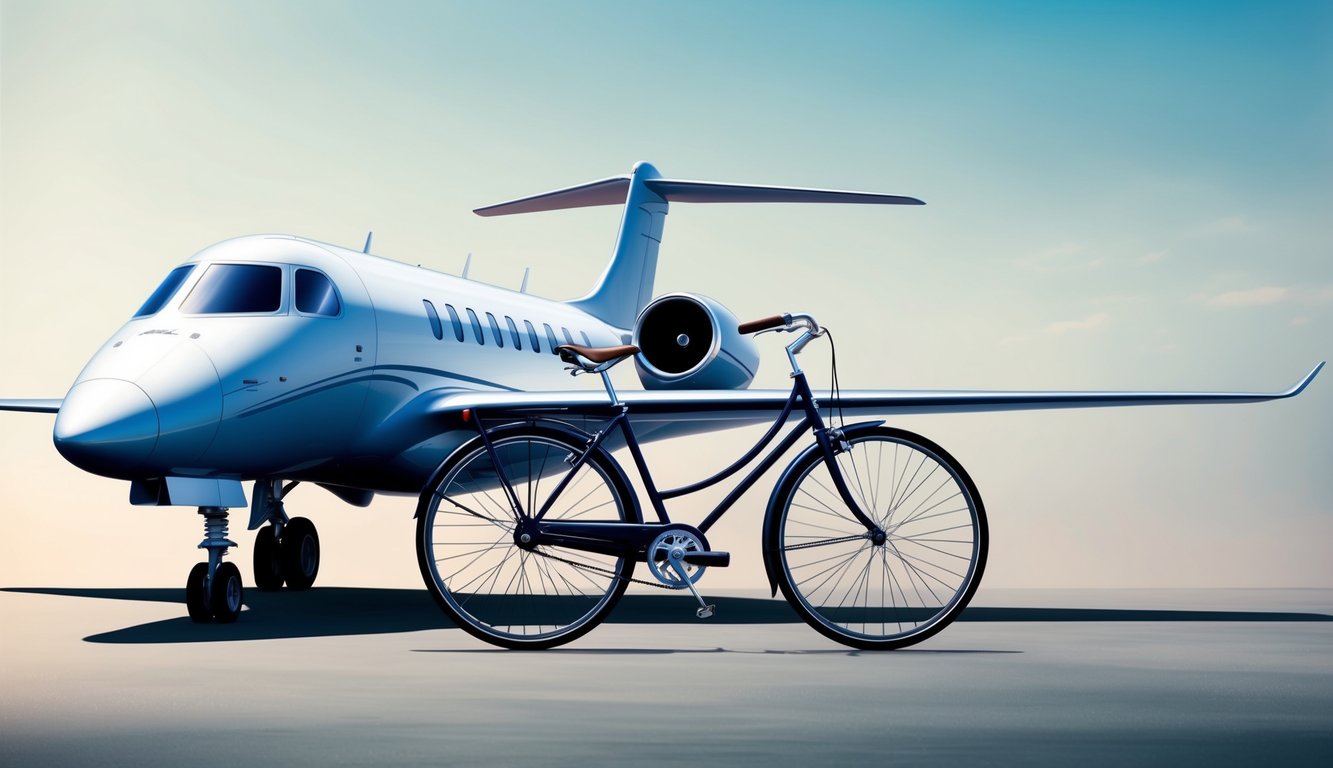 A sleek, modern aircraft and a classic bicycle stand side by side, symbolizing the contrast between advanced technology and traditional transportation