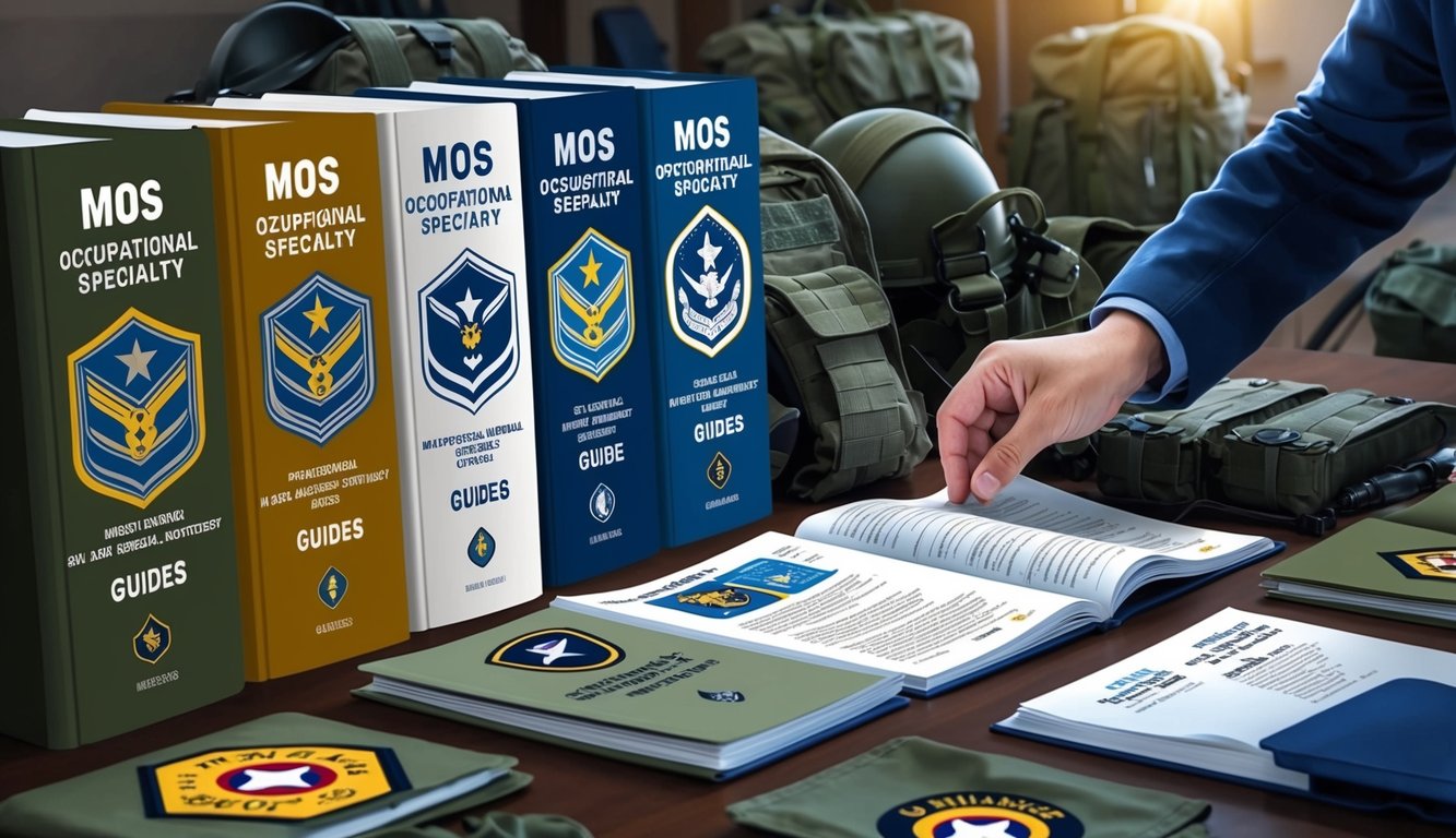 A row of military occupational specialty (MOS) guides arranged on a table, with a person flipping through the pages, surrounded by various military equipment and insignia