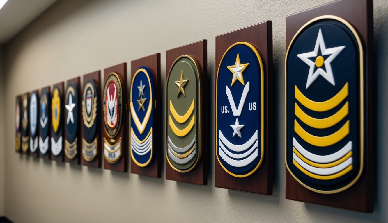 A row of military insignia displayed on a wall, each representing a different US Army rank and job specialty