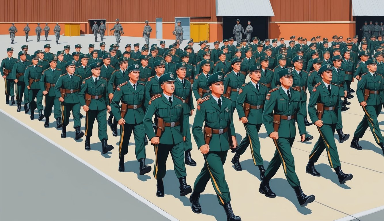 Soldiers in various roles and ranks marching in formation on a military base