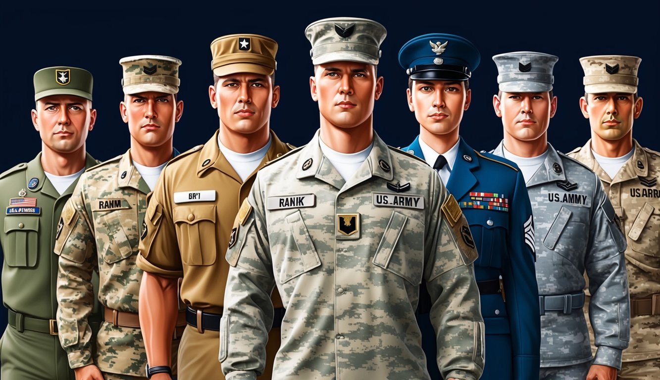 A group of military figures in different uniforms and insignias, representing various ranks and jobs in the US Army