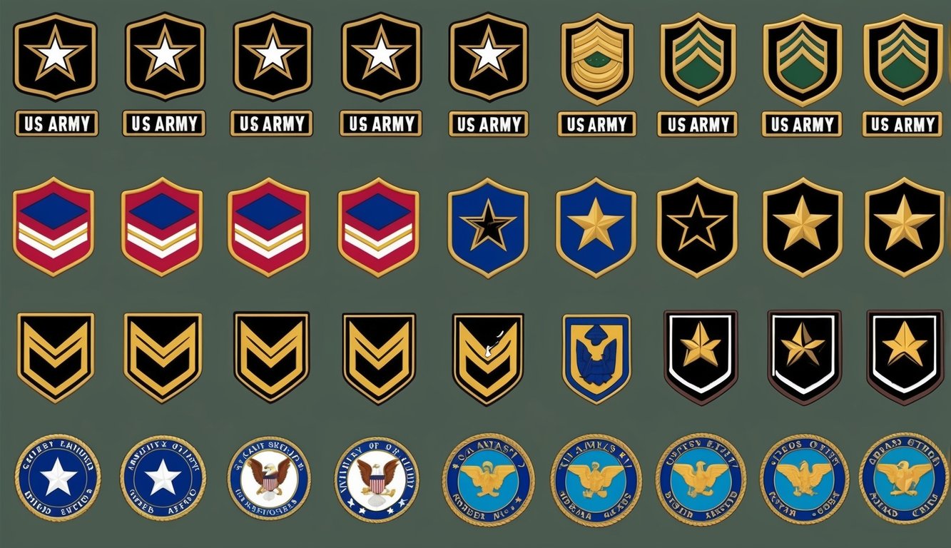 A row of US Army insignias and symbols arranged by rank and job specialty