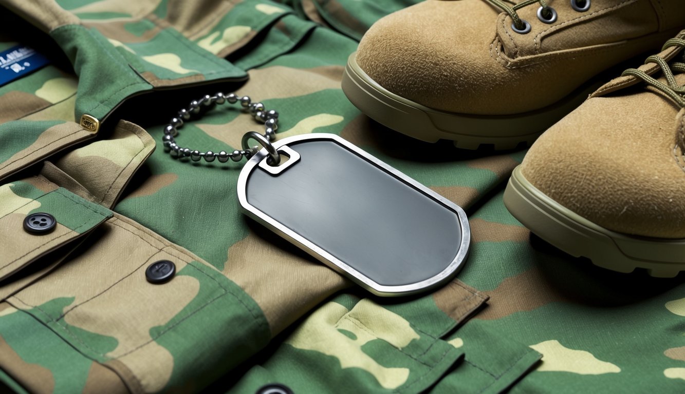 A military dog tag lying on a camouflaged uniform with a pair of combat boots nearby