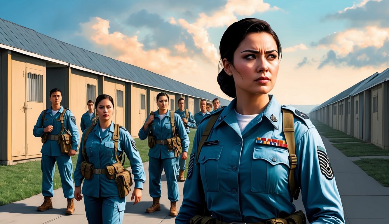 A young woman in military uniform stands in front of a row of barracks, surrounded by fellow soldiers.</p><p>She gazes off into the distance with a determined expression