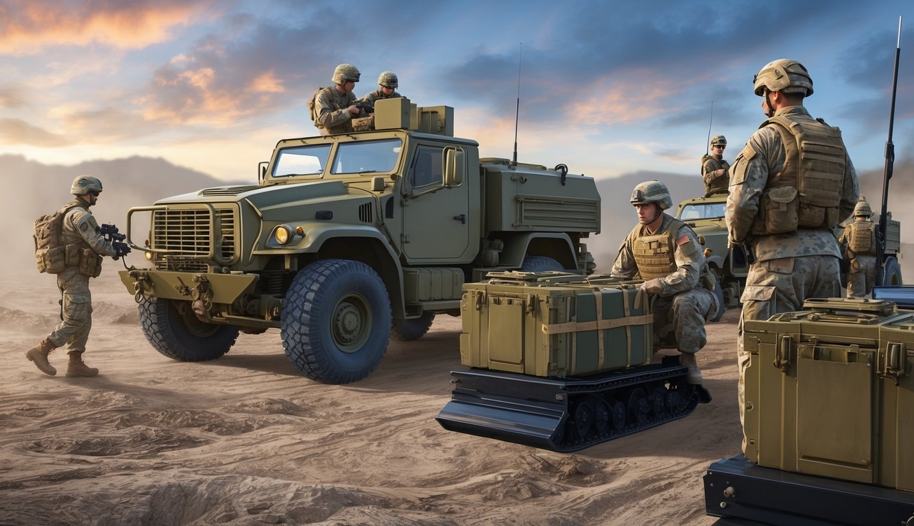 An army division conducts training exercises, with soldiers readying equipment and vehicles for deployment