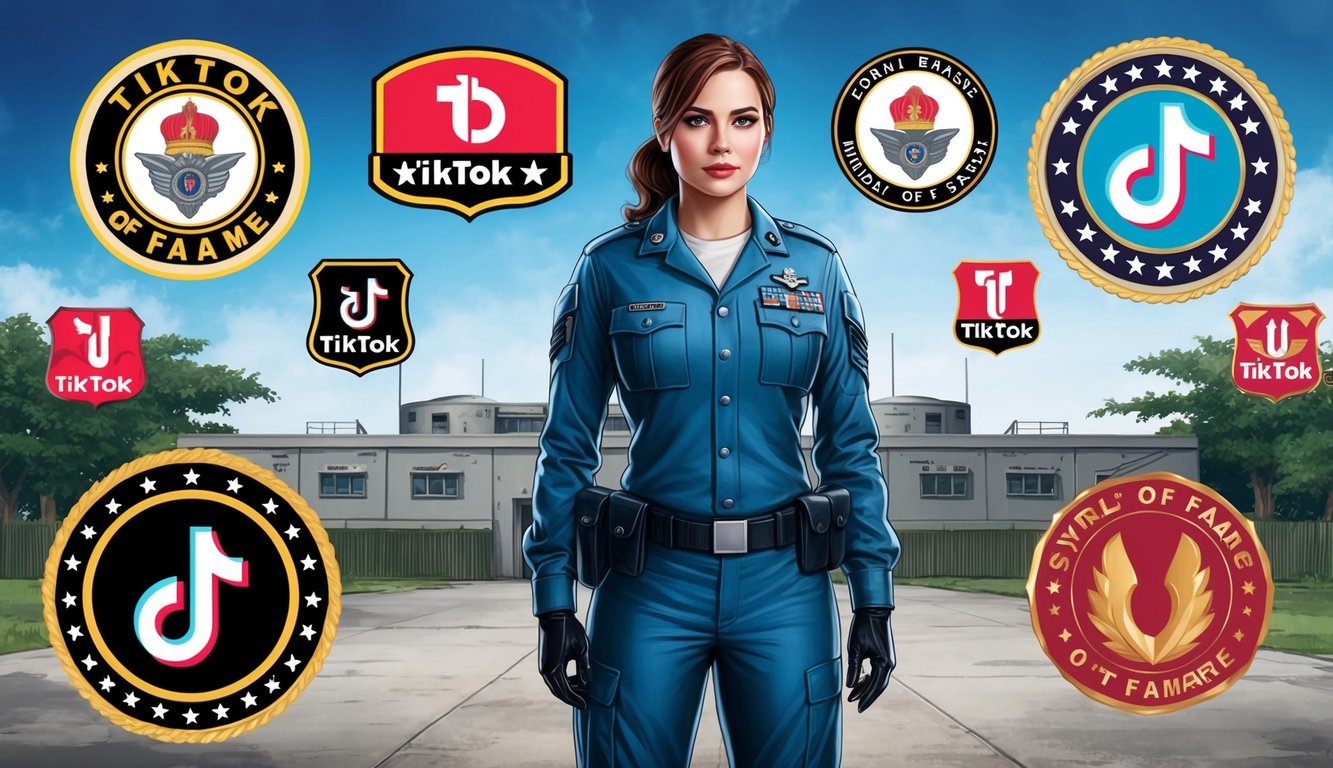 Bella Poarch standing in front of a military base, surrounded by TikTok logos and symbols of fame