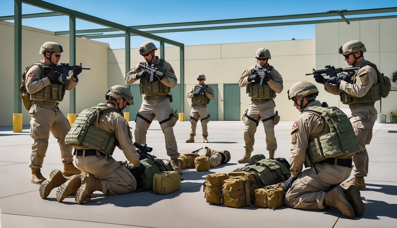 A group of soldiers in training, practicing tactical maneuvers and first aid techniques in a military training facility