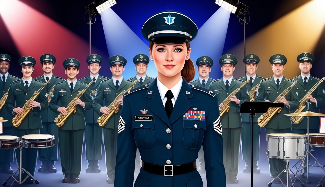 A young woman in military uniform, standing in front of a row of musicians with instruments, a microphone, and a spotlight on her