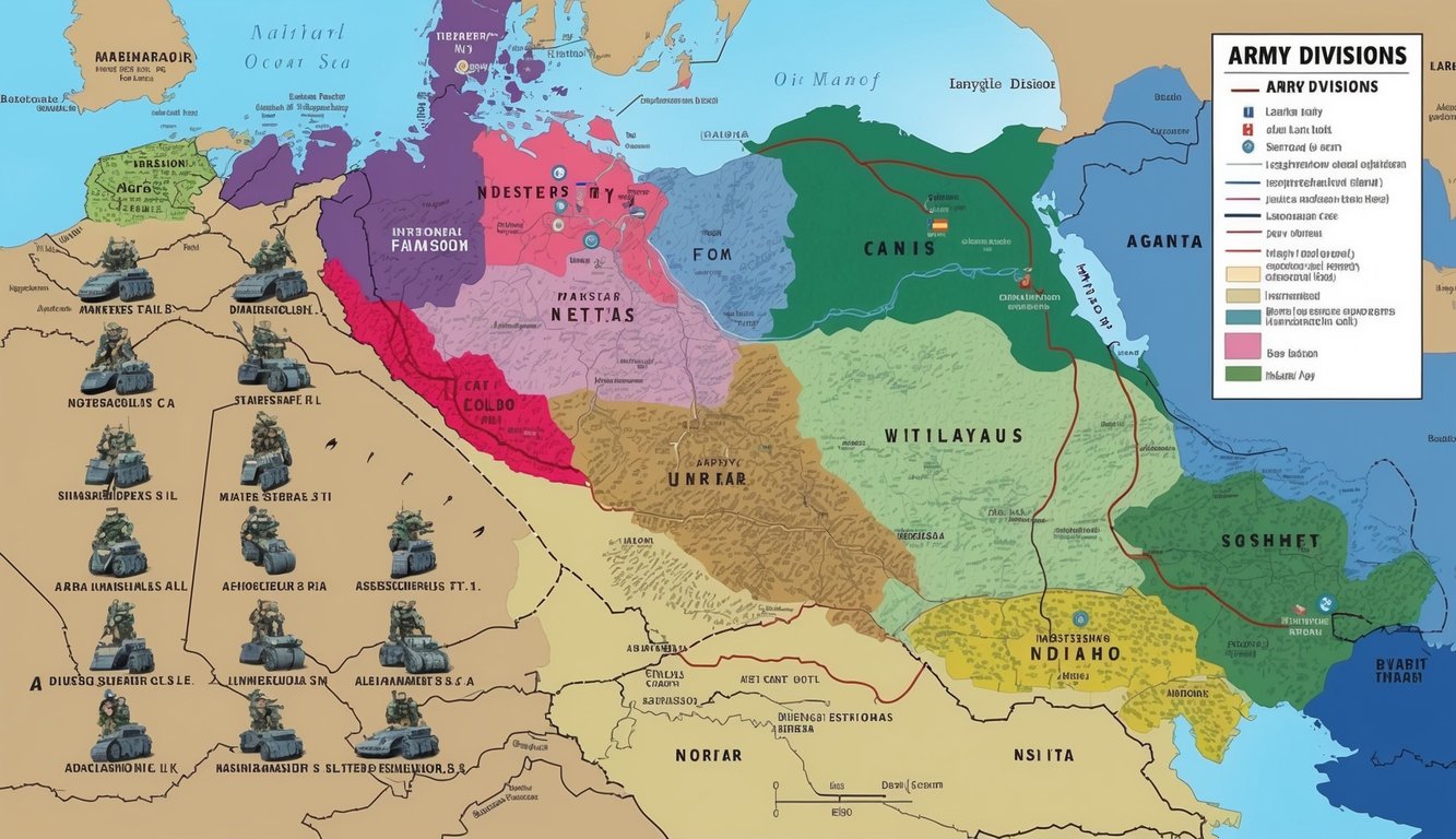 A map depicting various army divisions stationed in different regions