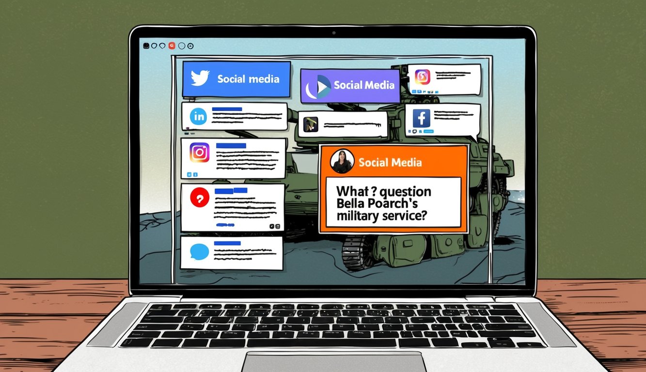 A laptop displaying various social media and military platforms, with a question about Bella Poarch's military service trending