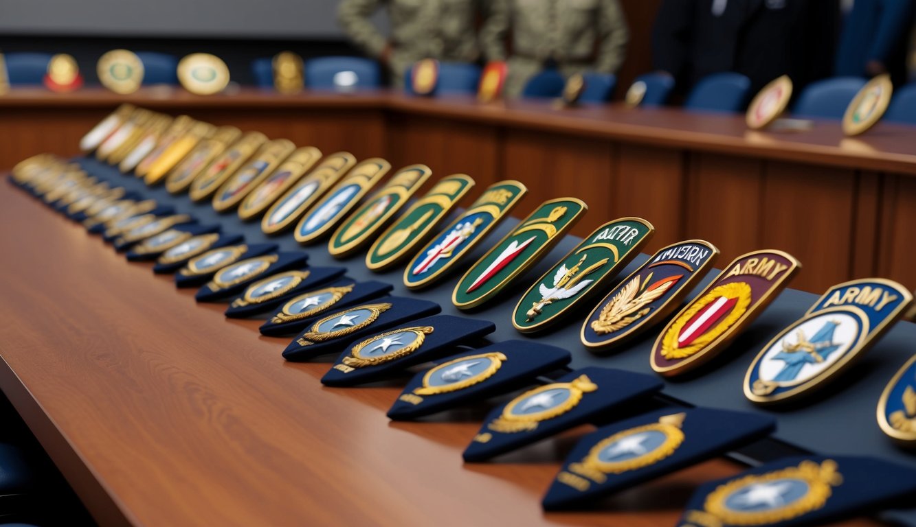 A row of military insignias representing different army divisions, arranged neatly on a table