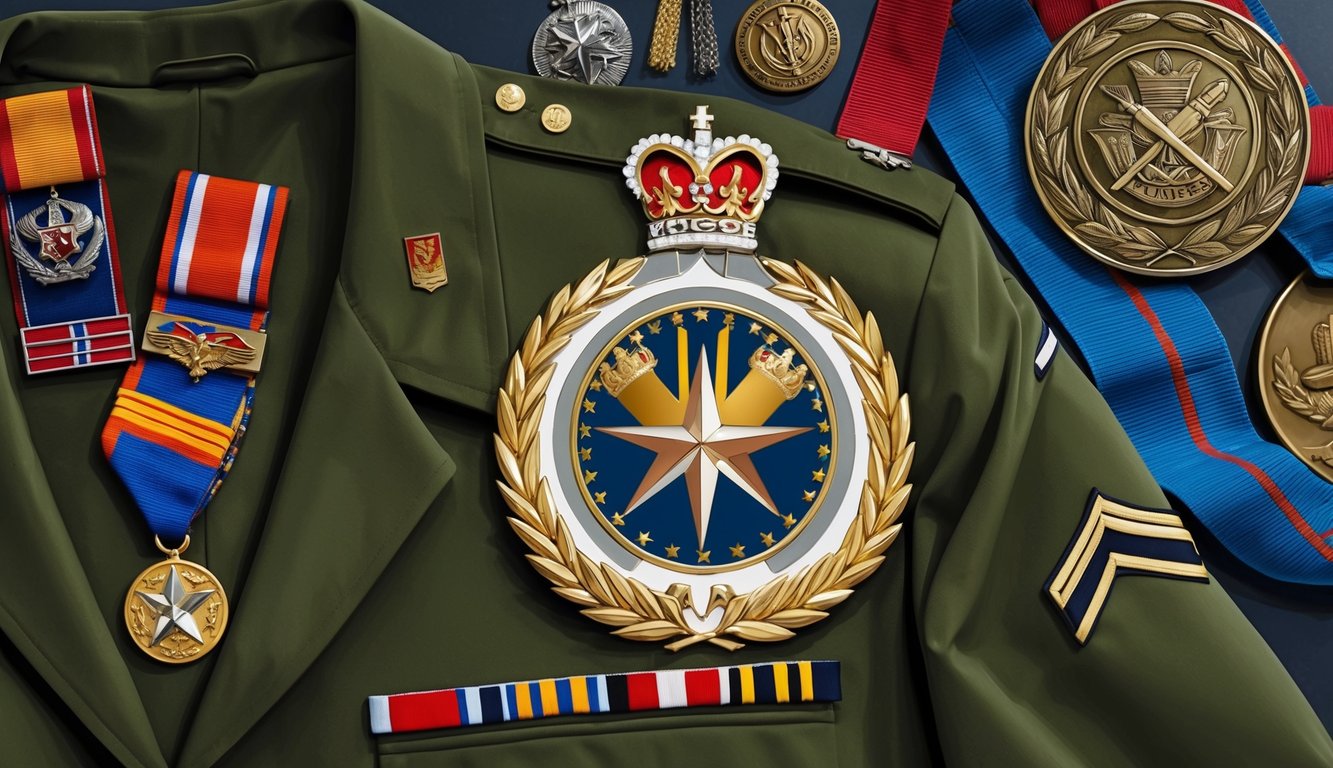 A military insignia displayed prominently on a uniformed jacket, surrounded by various medals and ribbons