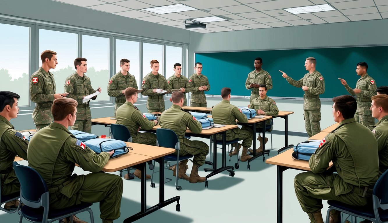 A group of soldiers undergo medical training in a classroom setting, with instructors demonstrating first aid techniques and equipment