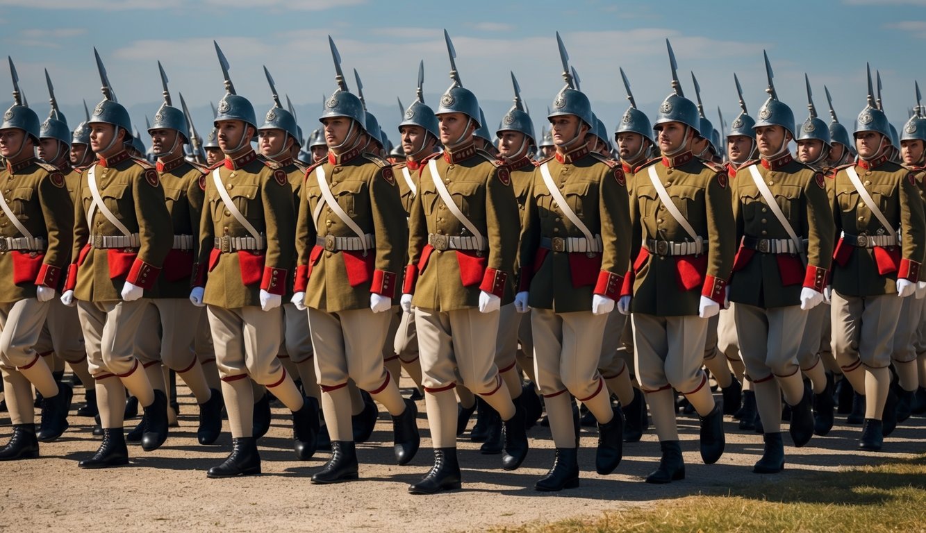 A line of Romanian soldiers in uniform marching in formation