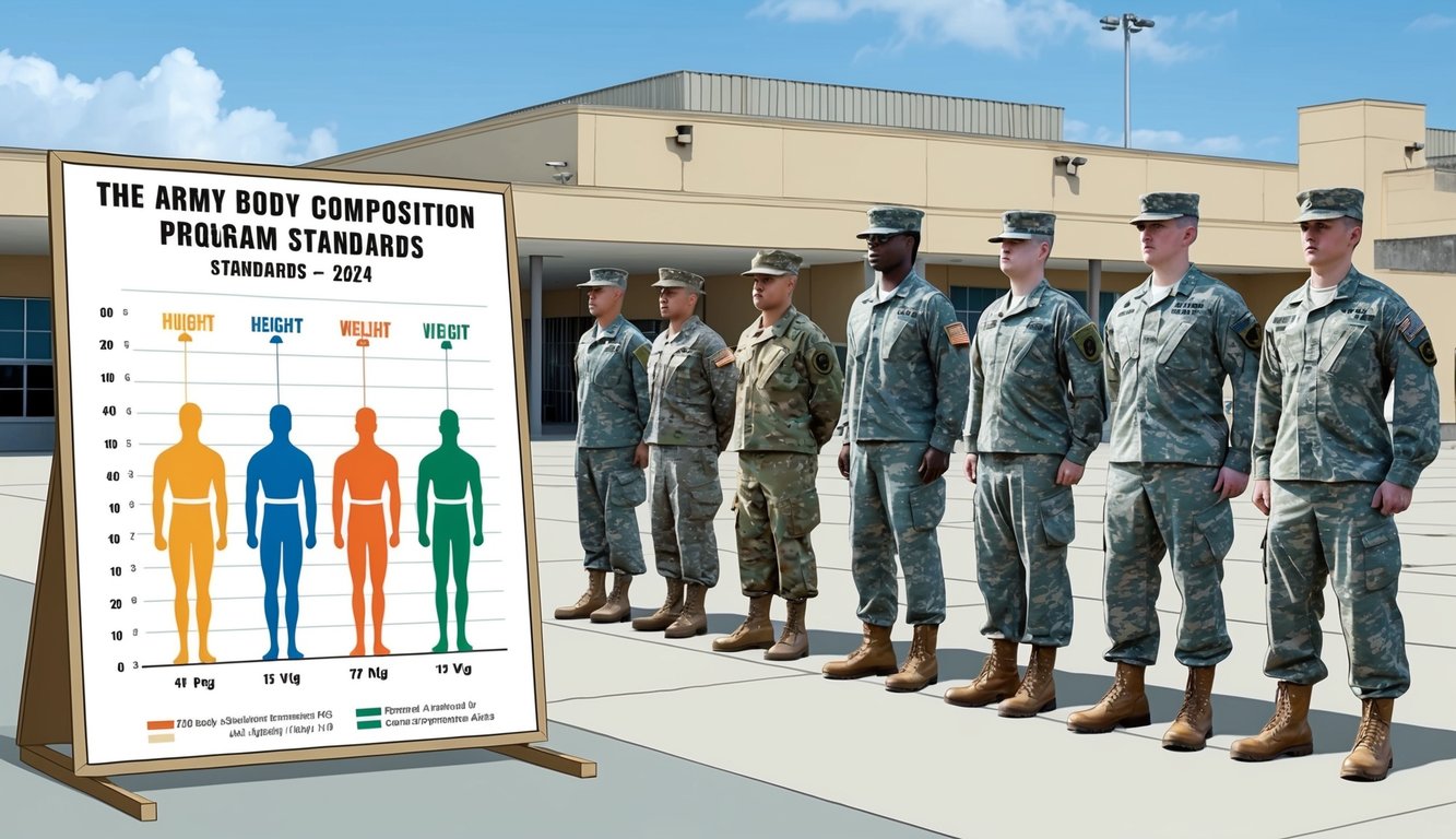 A group of soldiers line up for height and weight assessments in front of a military facility, with a chart displaying the Army Body Composition Program standards for 2024 visible nearby