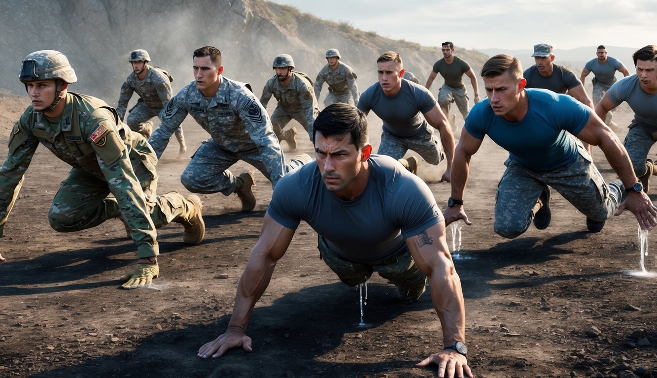 Soldiers from different branches completing intense physical exercises in a rugged outdoor training ground.</p><p>Sweat drips as they push their bodies to the limit