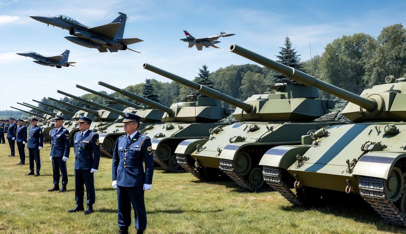 A line of military tanks and armored vehicles stand ready in Romania, surrounded by soldiers in uniform.</p><p>Fighter jets soar overhead, showcasing the country's military alliances and deterrence capabilities