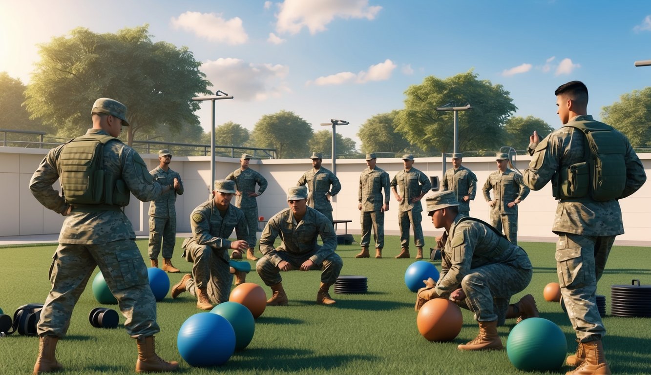 A group of soldiers engage in various fitness activities outdoors under the guidance of instructors, with equipment and facilities for physical training