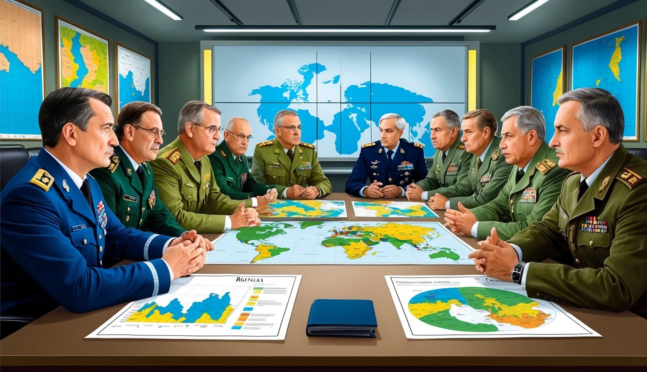 A group of military leaders in Romania strategizing in a war room, maps and charts spread out on the table, deep in discussion