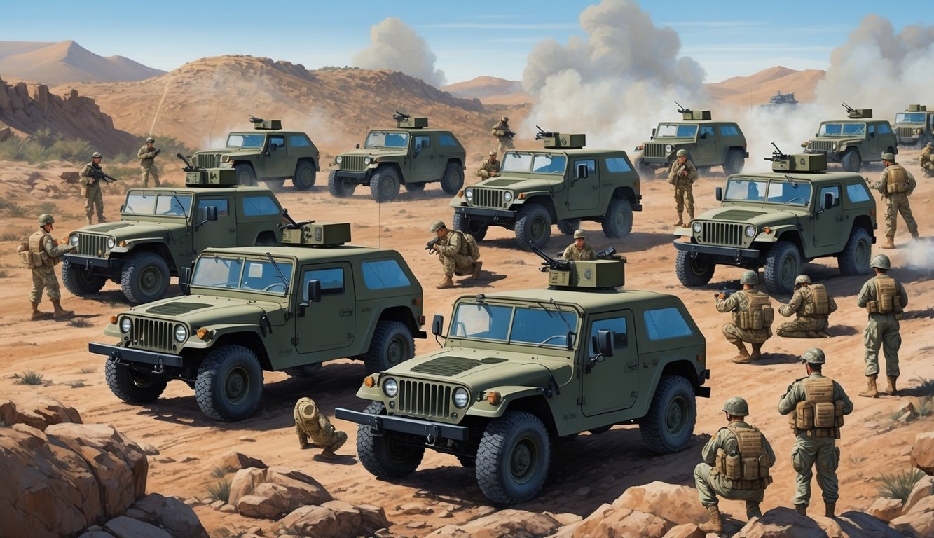 A group of military vehicles lined up on a rugged terrain, with soldiers conducting various readiness and performance tests under the watchful eyes of their commanding officers