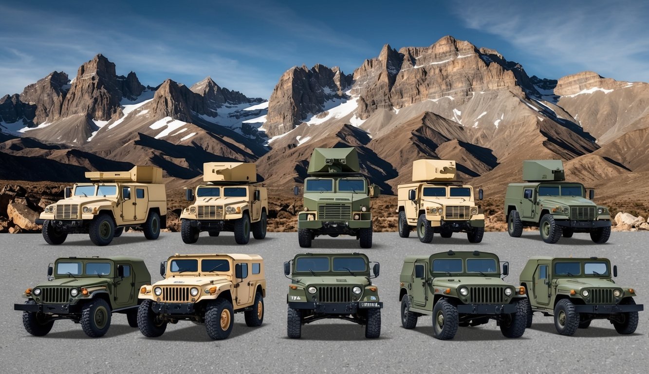 A group of military vehicles from different branches parked in front of a rugged mountain range, symbolizing the diversity and challenges of each branch