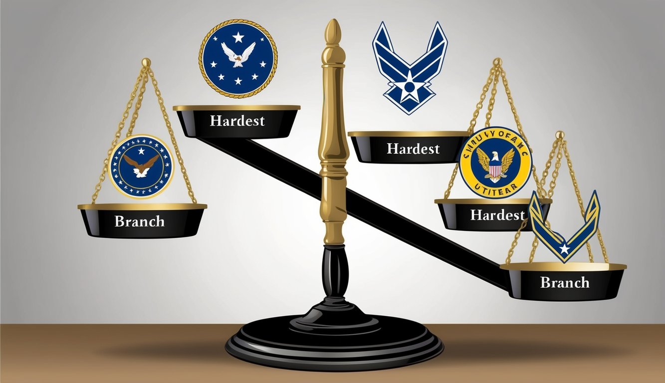 A group of military symbols on a scale, with the symbol for each branch labeled and the scale tilted toward the "Hardest" branch