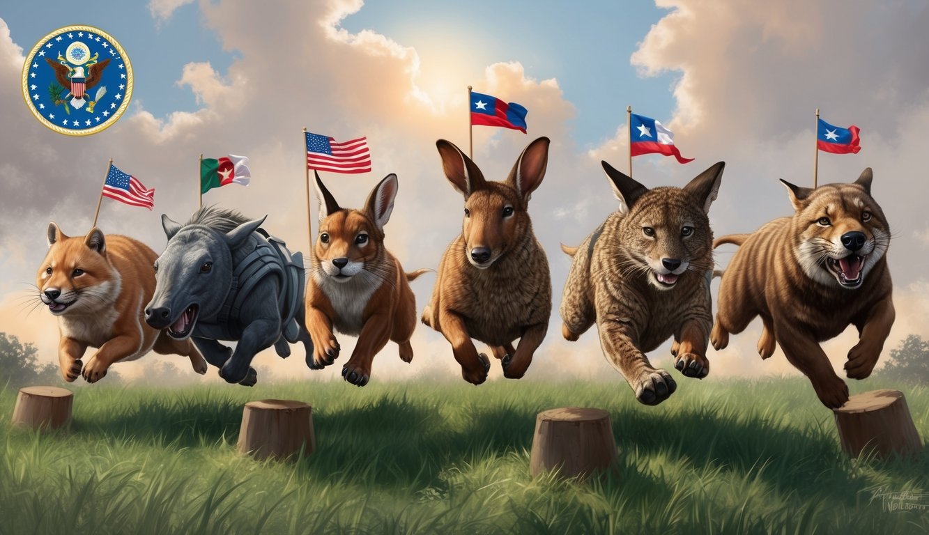 A group of military branches depicted as different animals competing in a challenging obstacle course