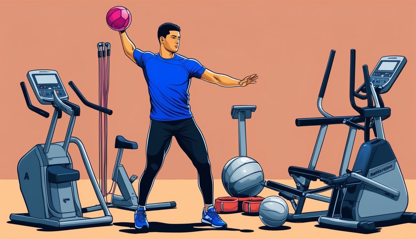 A figure performing a standing power throw with a medicine ball, surrounded by cardio equipment and recovery tools