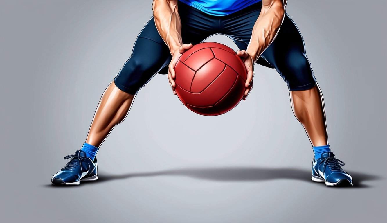 A person's feet planted firmly on the ground, a medicine ball held at chest level, as they prepare to launch it forward with force