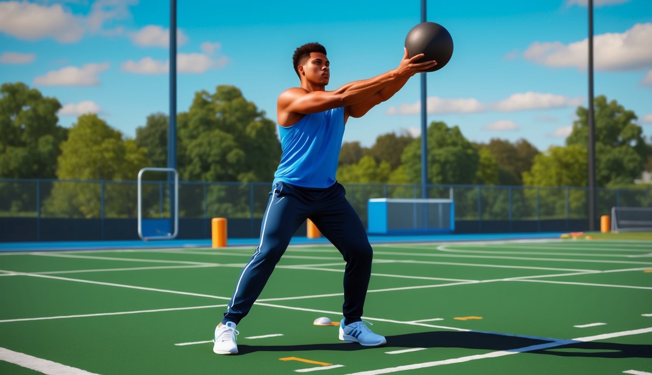 A figure in athletic attire practicing a standing power throw with a weighted object on an outdoor sports field