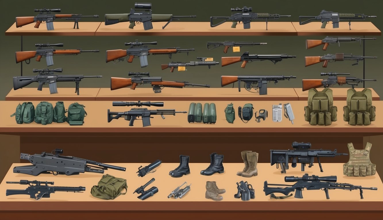 A collection of military weapons and equipment neatly organized on display