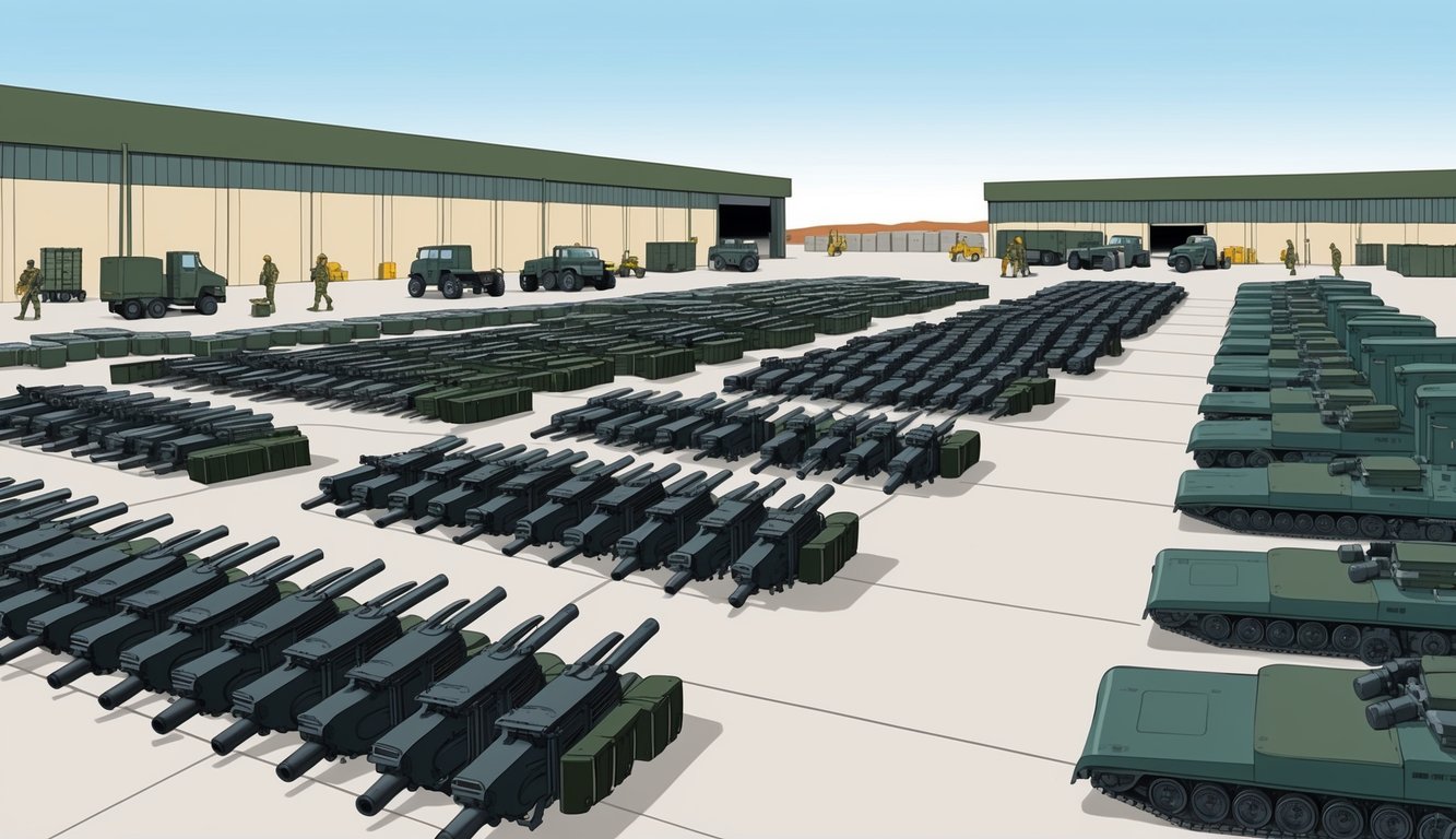 A military base with rows of neatly organized weapons and equipment, with support services and logistics personnel working in the background