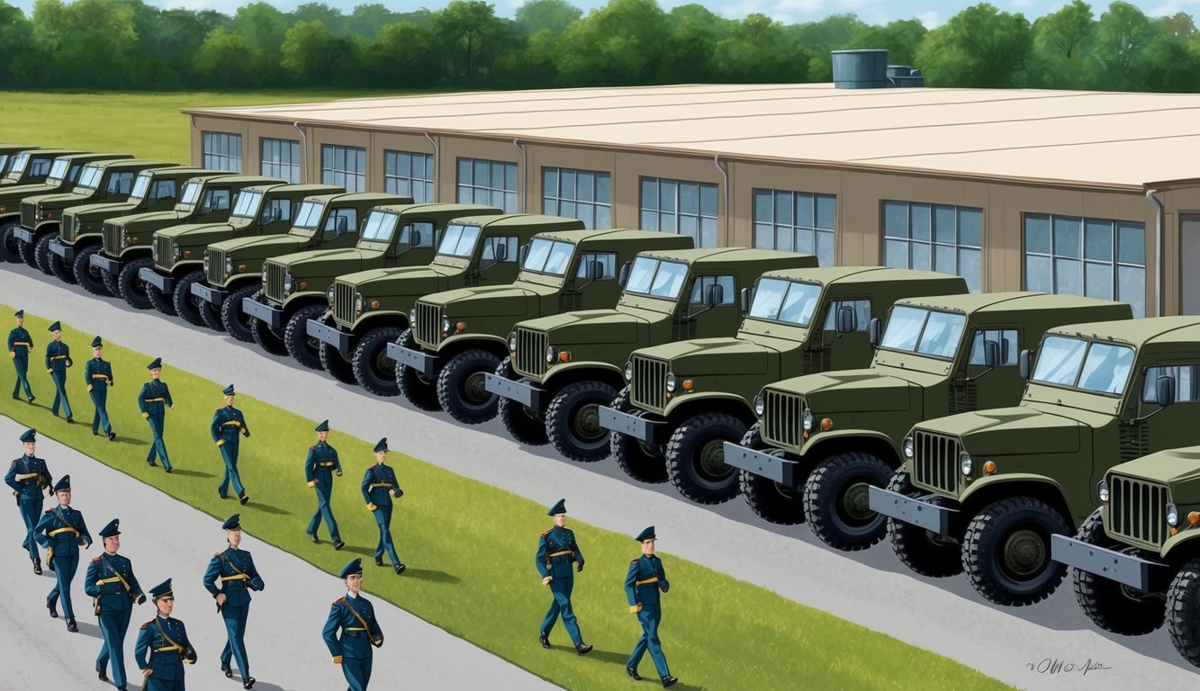 A row of military vehicles lines up outside a base, while soldiers in uniform march in formation nearby