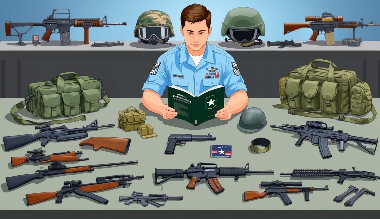 A table displaying various US military weapons and equipment with a person reading a guidebook