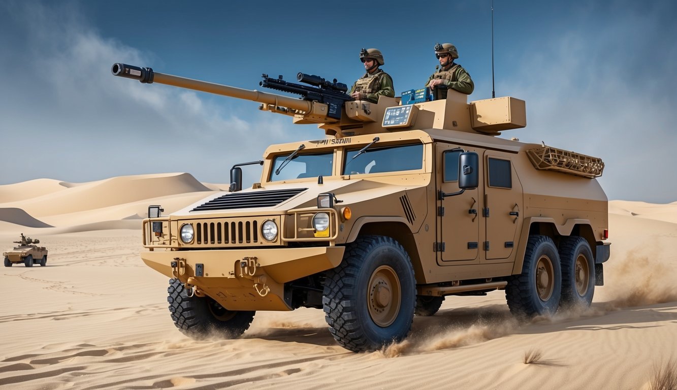 An Israeli military vehicle patrolling the desert, equipped with advanced weaponry and defense systems