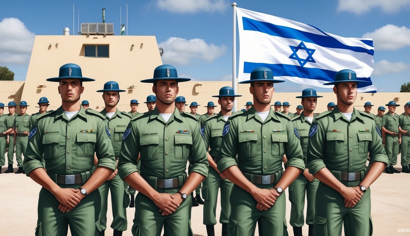 A group of soldiers in uniform standing at attention in front of an Israeli military base, with the national flag flying in the background