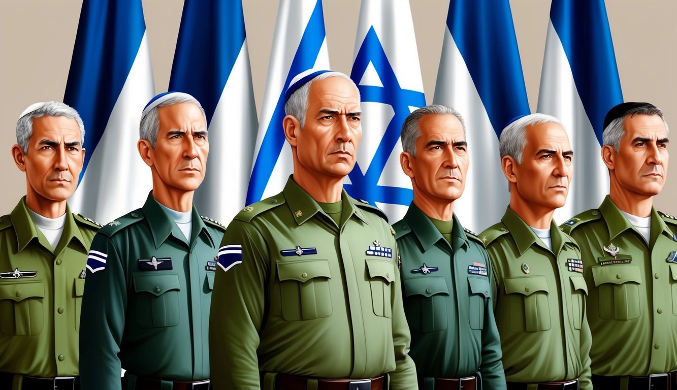 A group of military leaders stand in front of the Israeli flag, their stern expressions conveying authority and strength