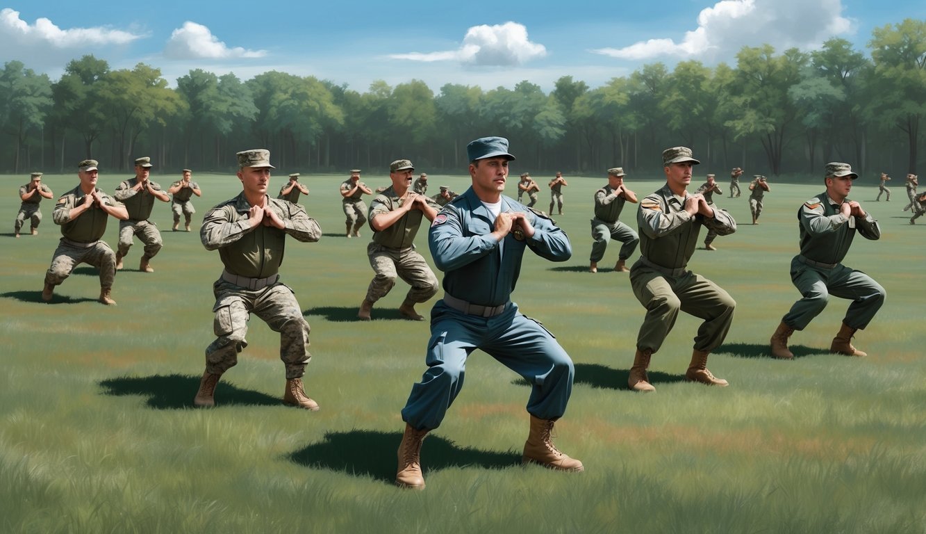 A group of soldiers performing various physical exercises in a military training field