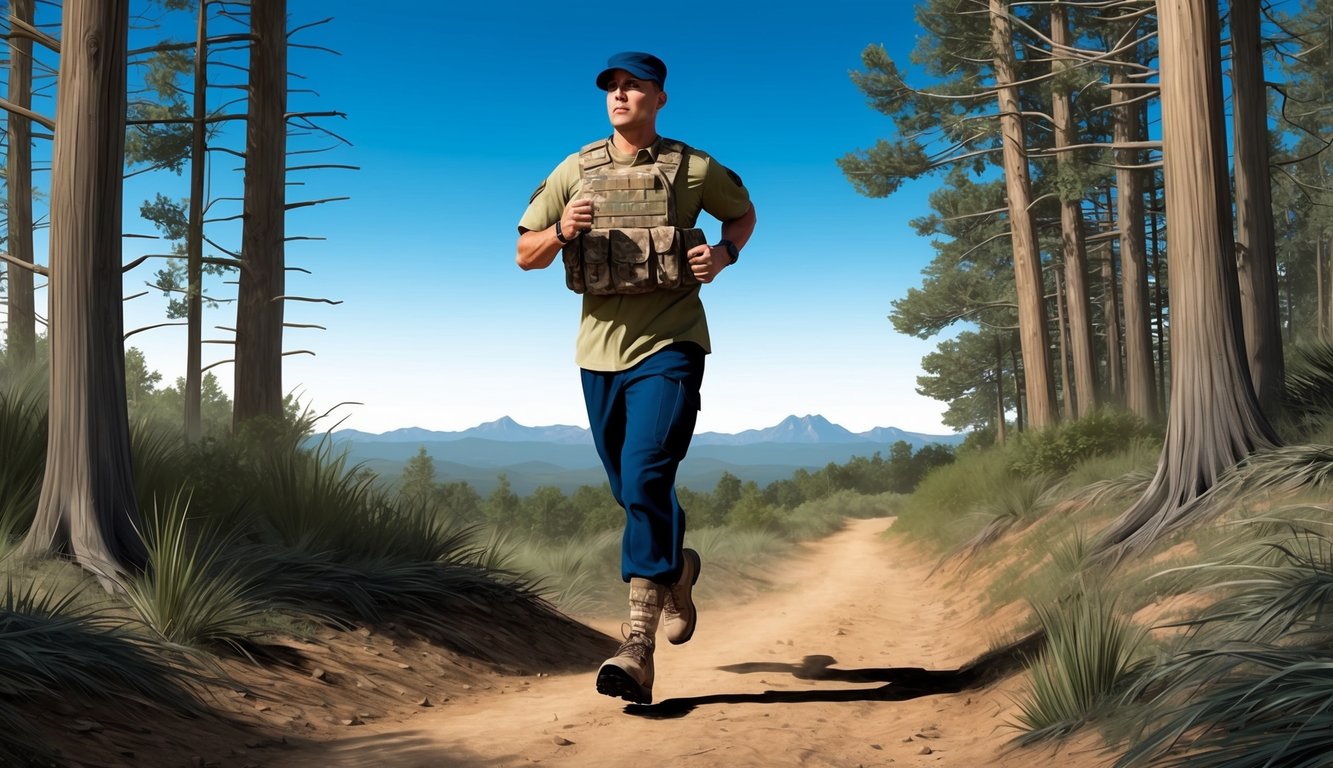 A soldier jogging through a wooded trail, with a clear blue sky and a distant mountain range in the background